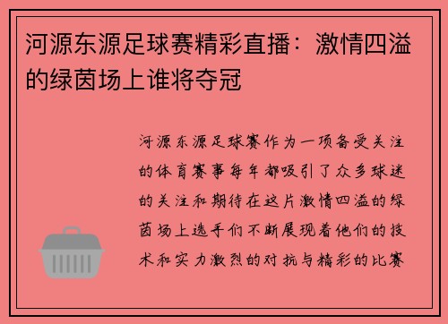 河源东源足球赛精彩直播：激情四溢的绿茵场上谁将夺冠